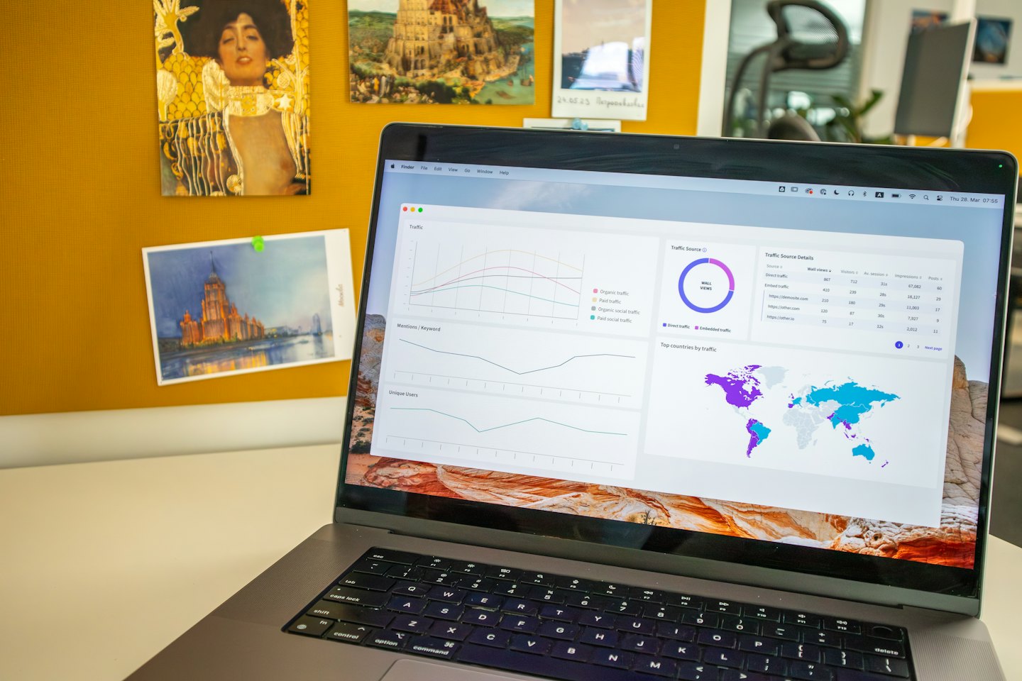 Laptop showing data analytics dashboard on a desk.