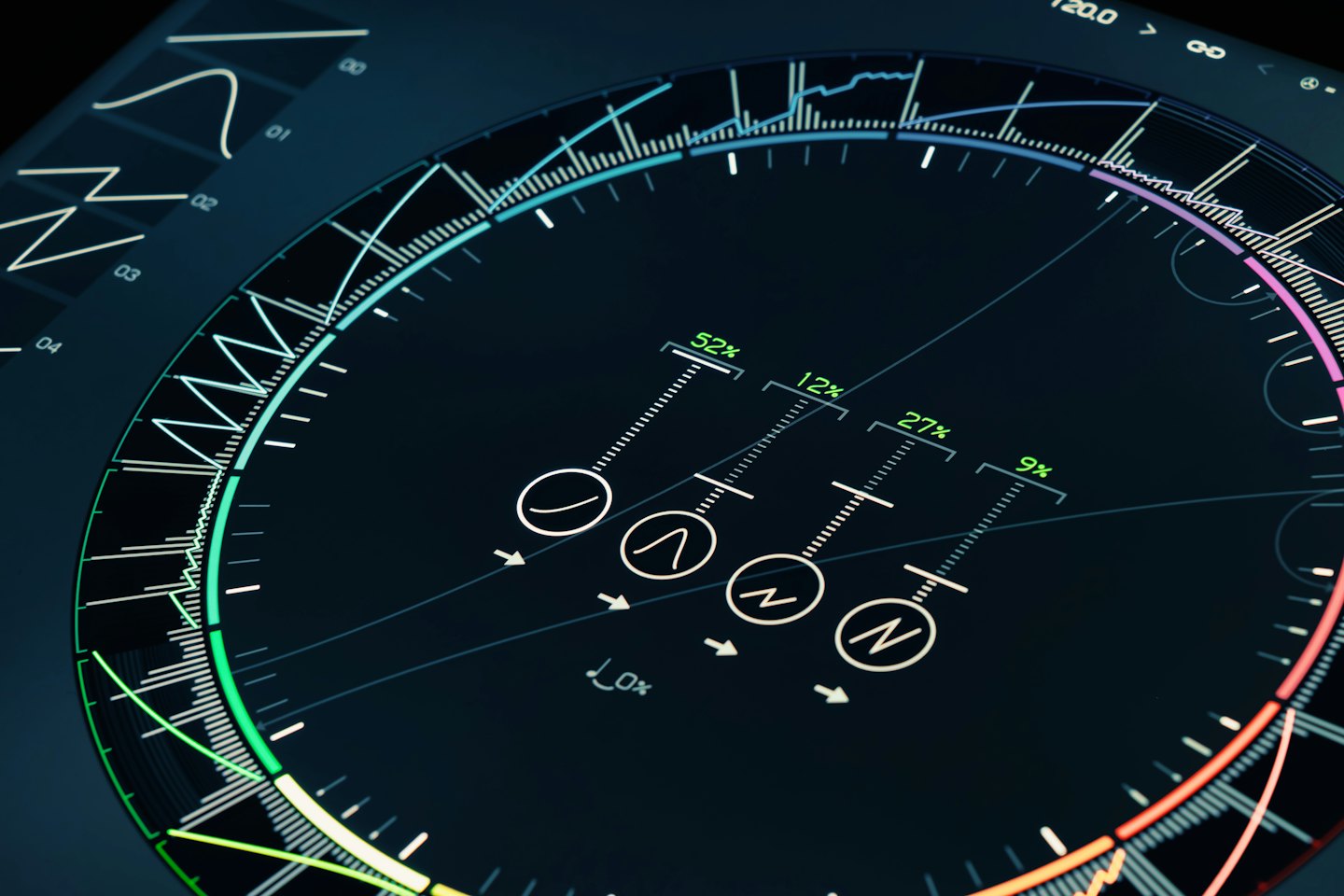 Futuristic digital interface showing data visualizations and graphs.
